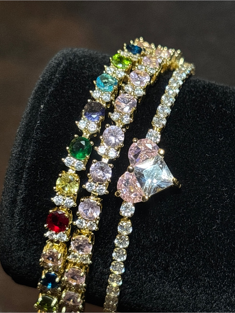 Pretty Bird Yellow Gold Multicolor, Pink & Heart CZ Tennis Stack 8”